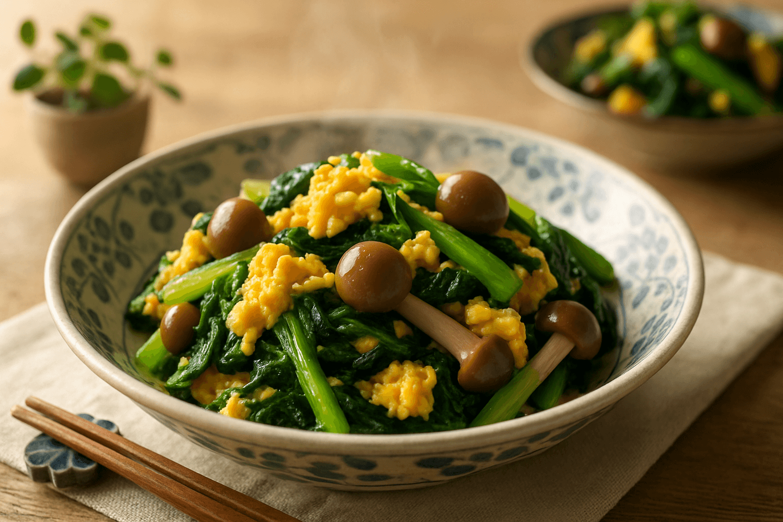 小松菜としめじと卵の炒めの完成写真