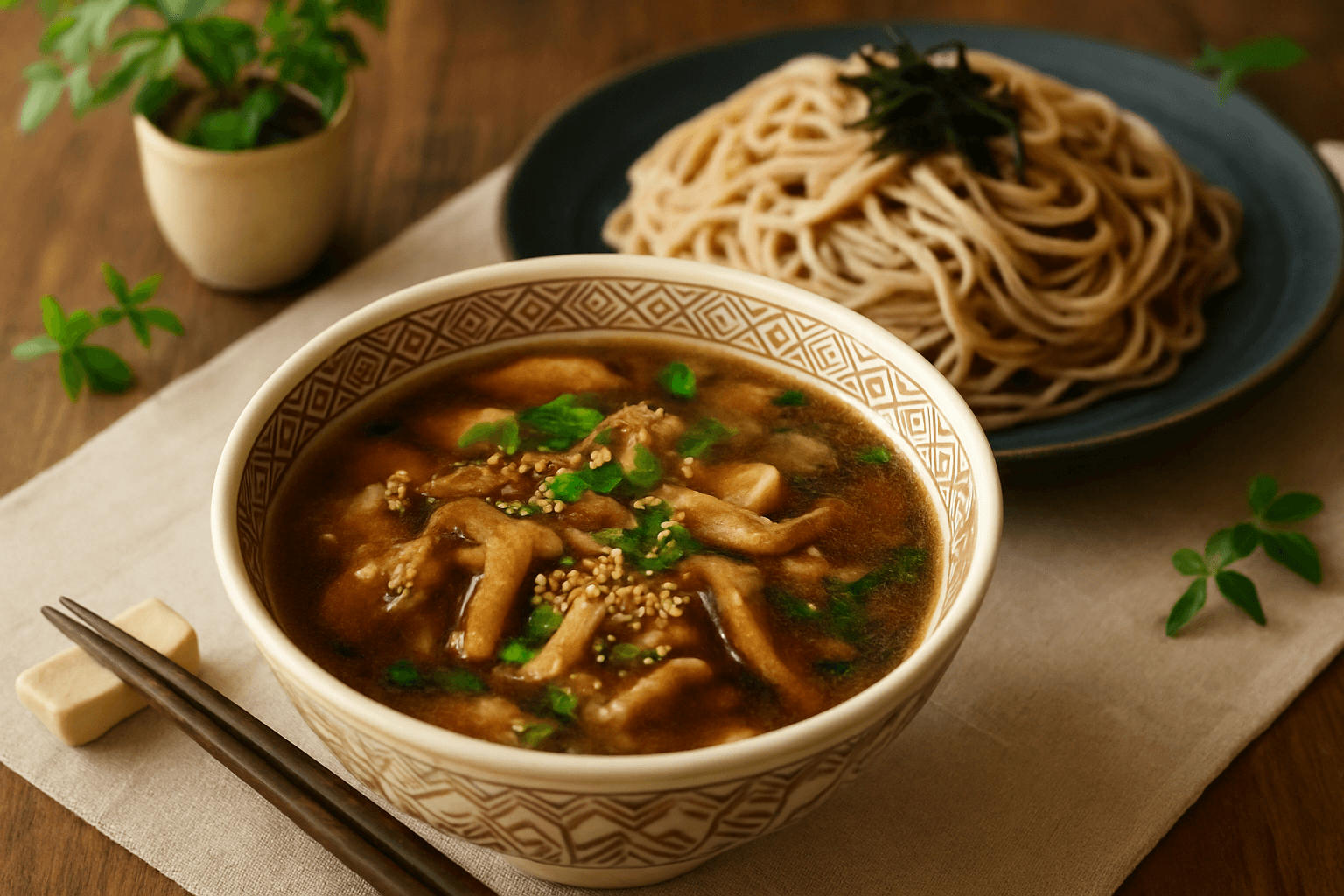 Pork and Green Onion Dipping Soba finished dish