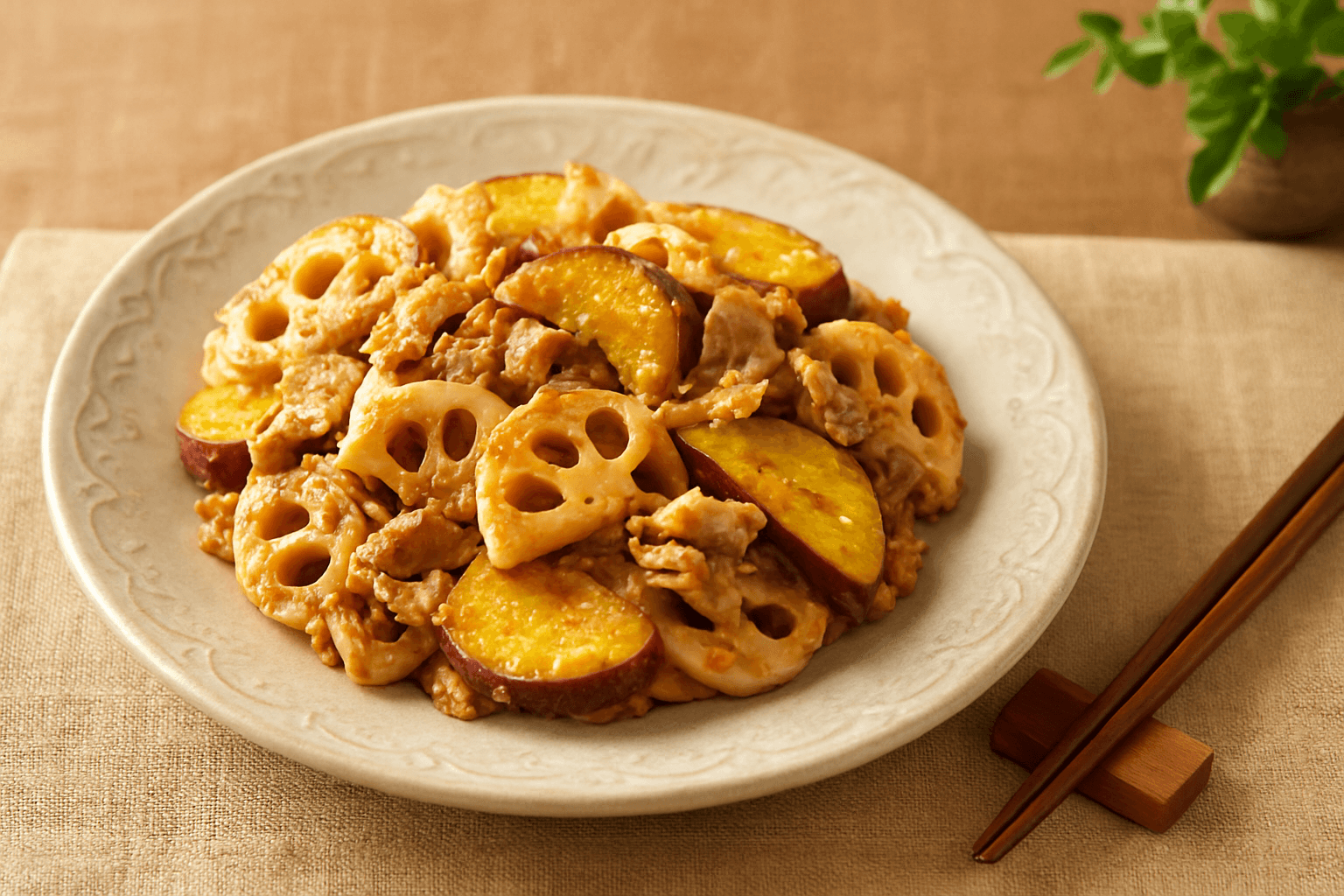 Sweet Potato and Lotus Root Sesame Stir-Fry finished dish