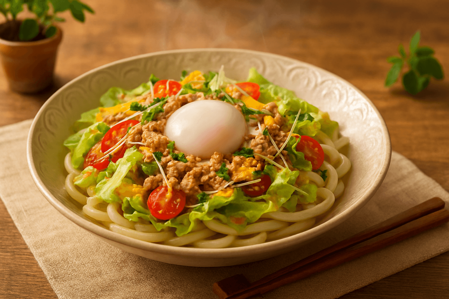 ツナと半熟卵のごまサラダうどんの完成写真