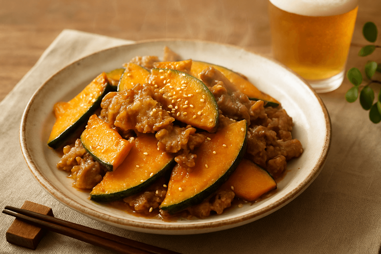 かぼちゃと豚肉の甘辛炒めの完成写真