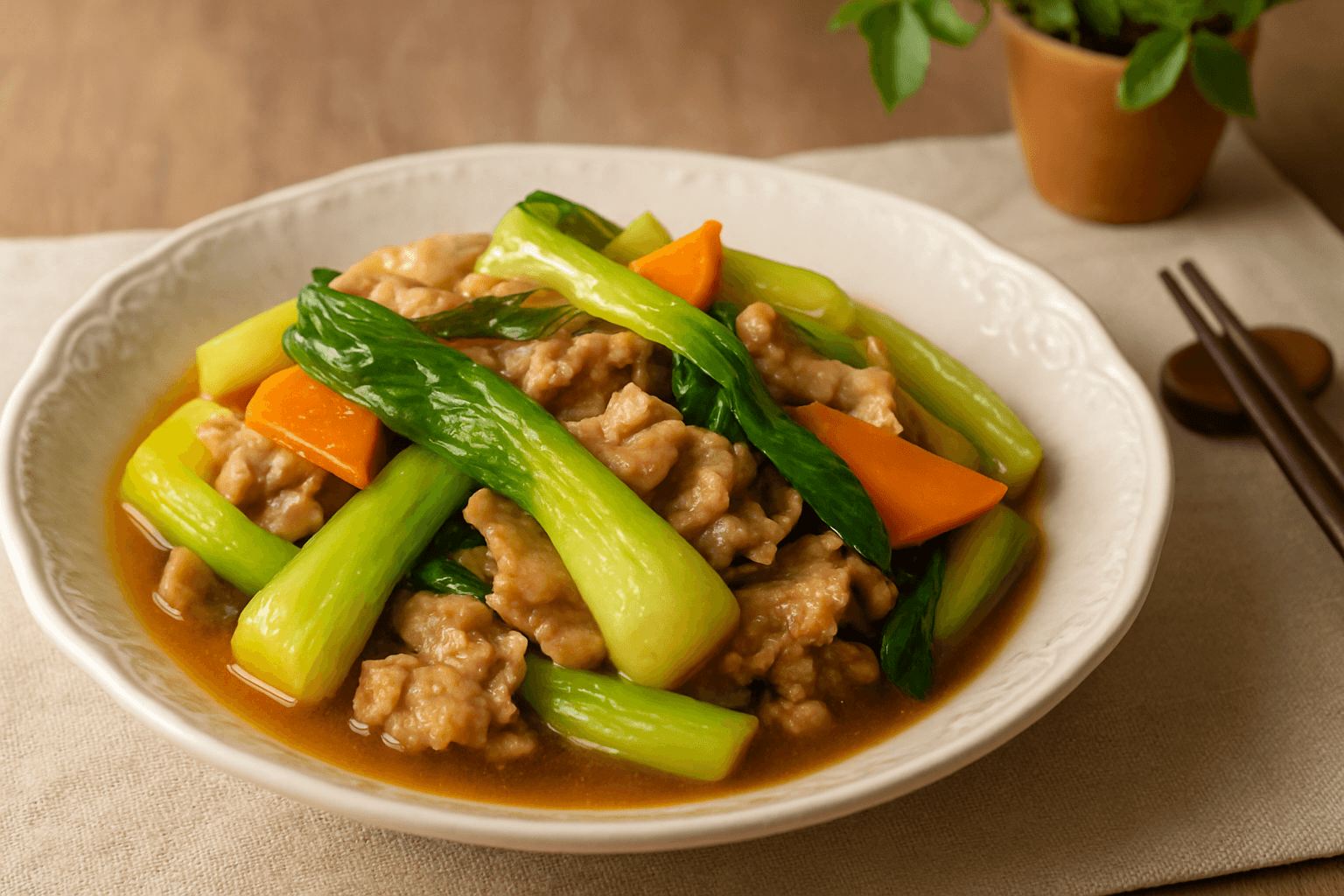 Bok Choy and Pork Stir-Fry with Oyster Sauce finished dish