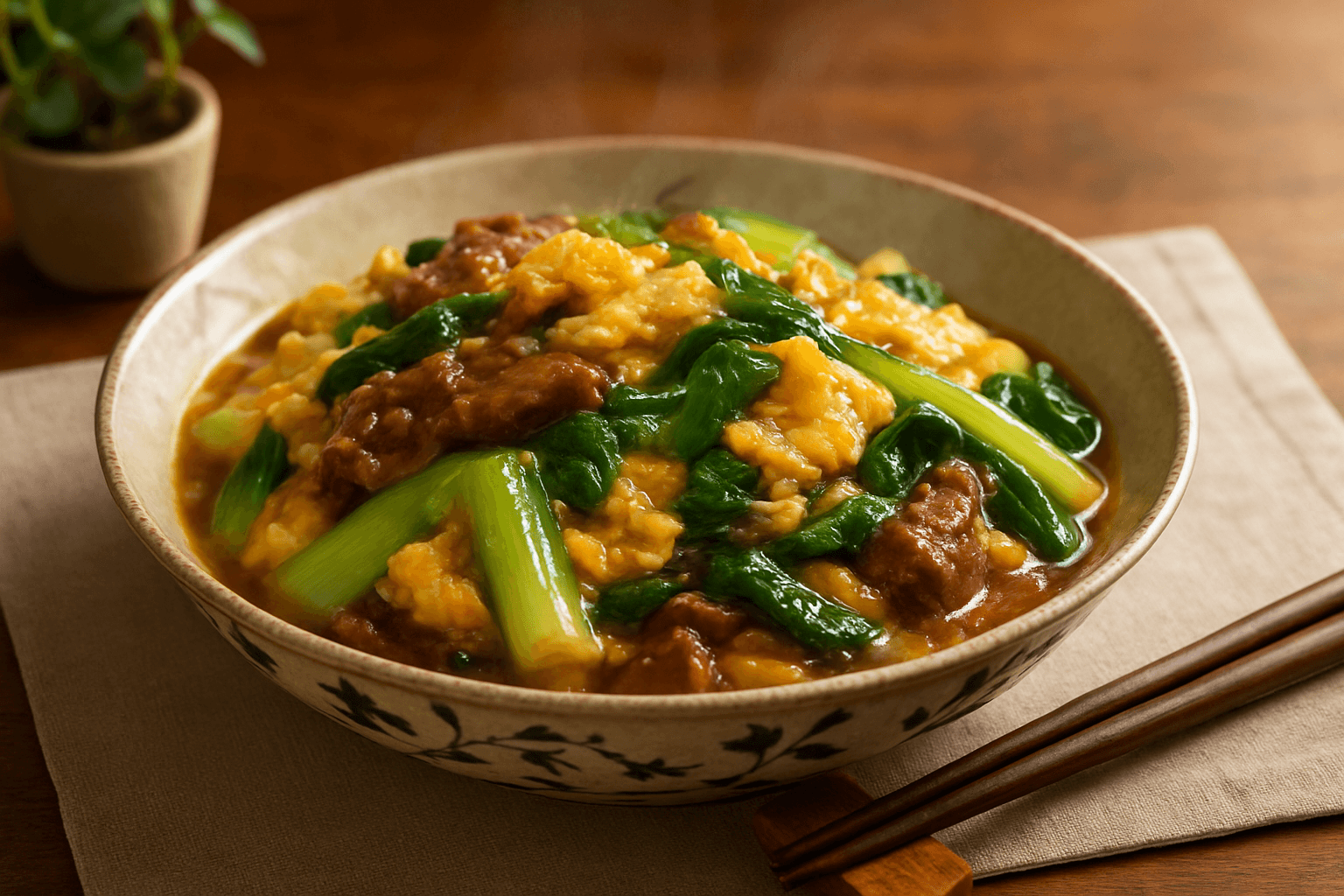 青梗菜と牛肉の卵とろとろ炒めの完成写真