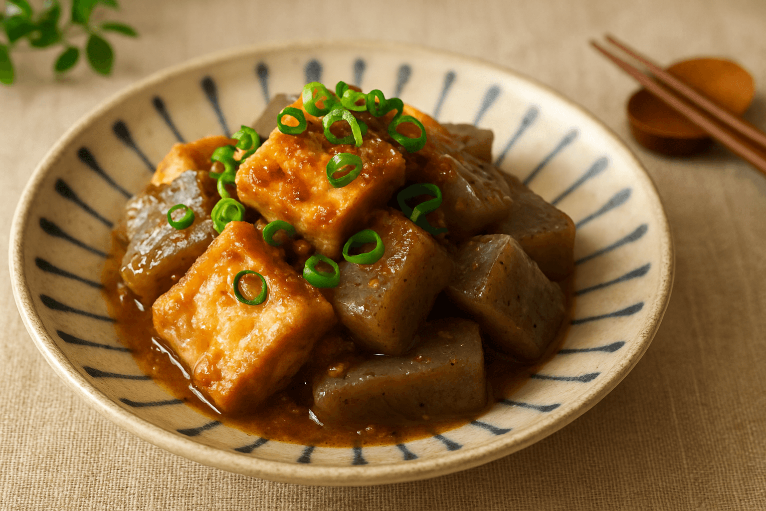Thick Fried Tofu and Konnyaku Miso Stew finished dish
