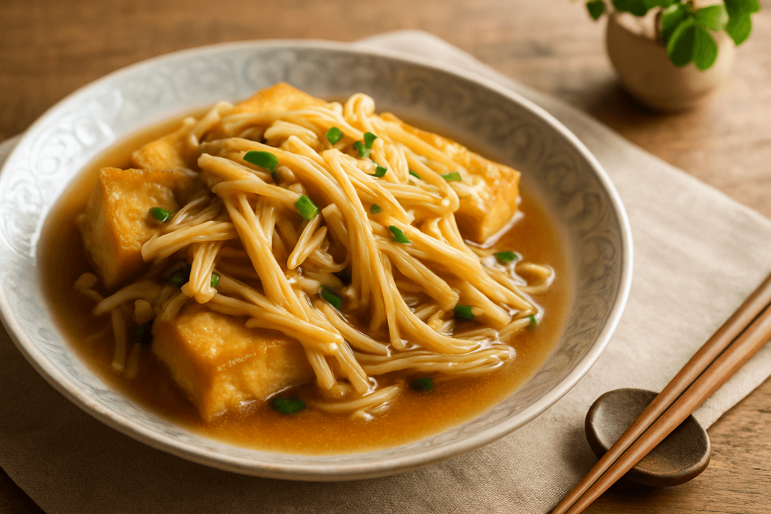 Thick Fried Tofu and Enoki with Ginger Sauce finished dish