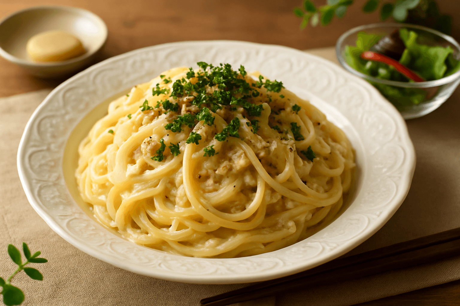 Tuna and Onion Cream Pasta finished dish