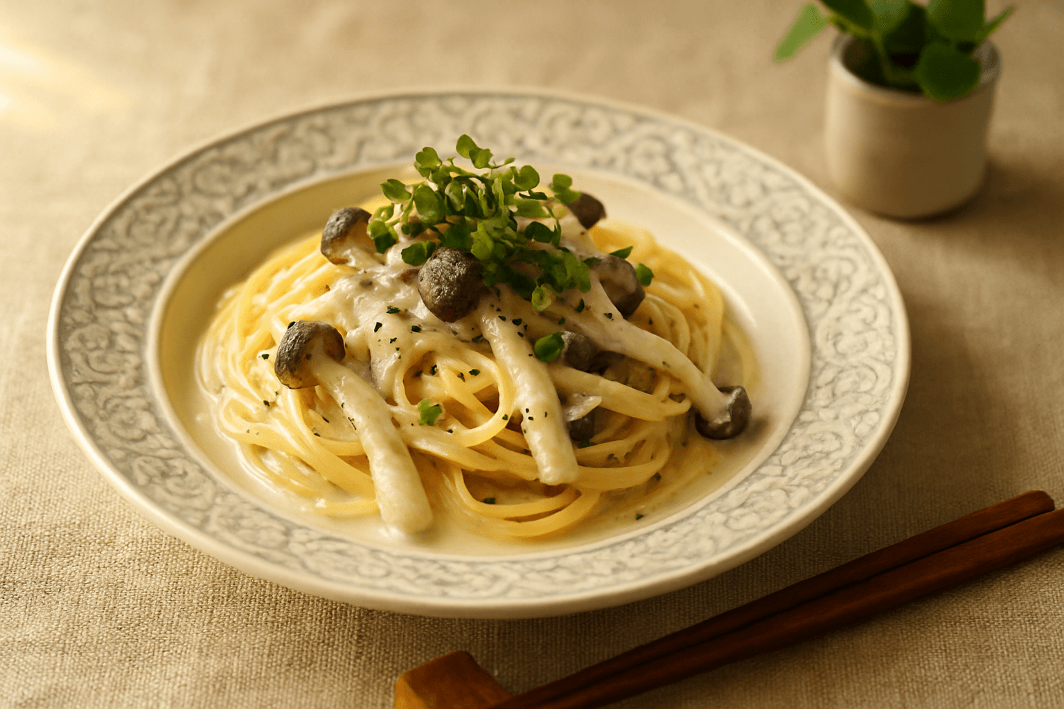 Mushroom Cream Pasta finished dish