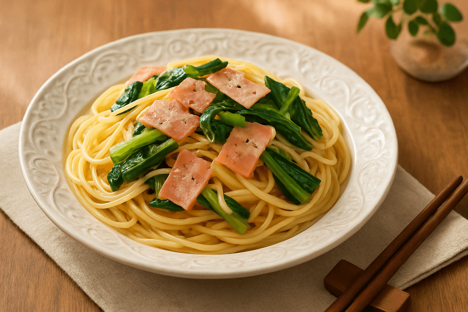 小松菜とベーコンの和風パスタの完成写真