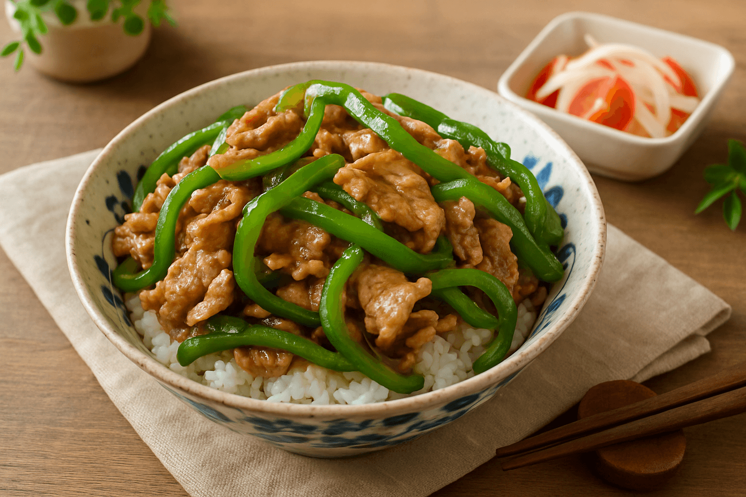 Pork and Bell Pepper Oyster Sauce Rice Bowl finished dish