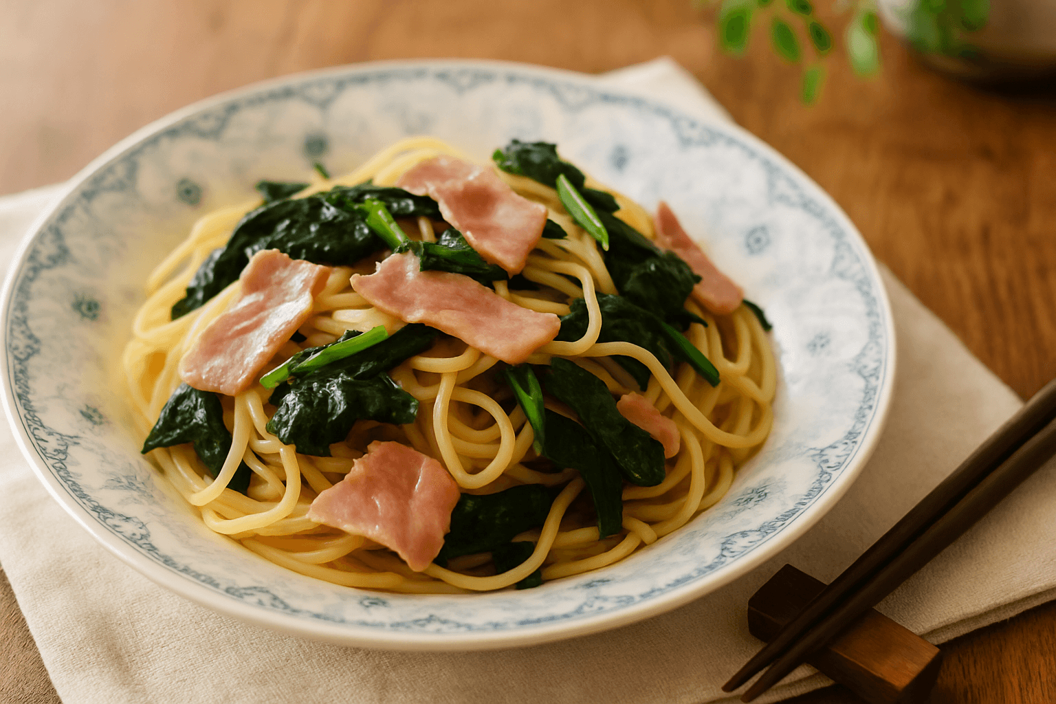 Spinach and Bacon Japanese-style Pasta finished dish