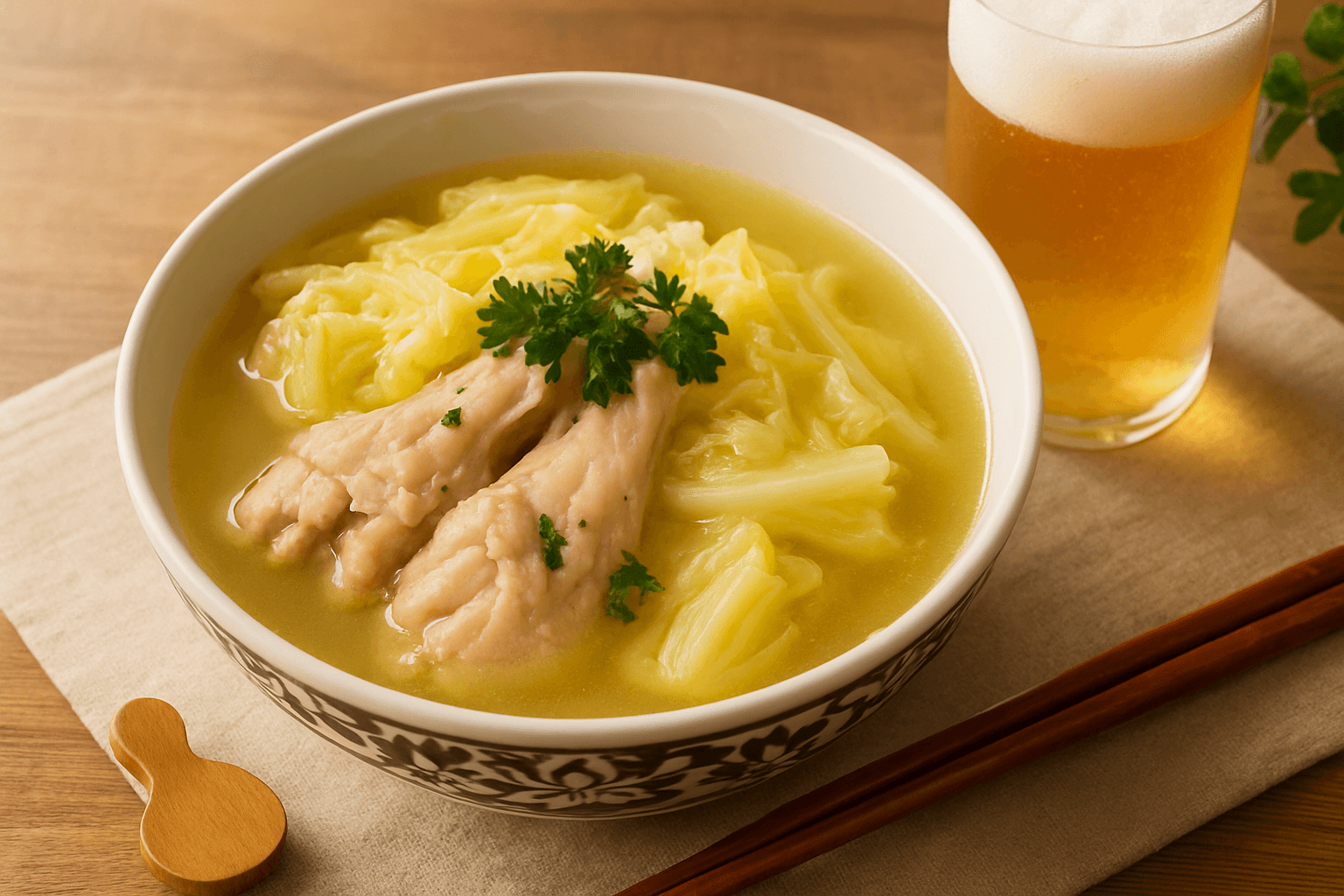 Chicken Wing and Napa Cabbage Consommé Soup finished dish