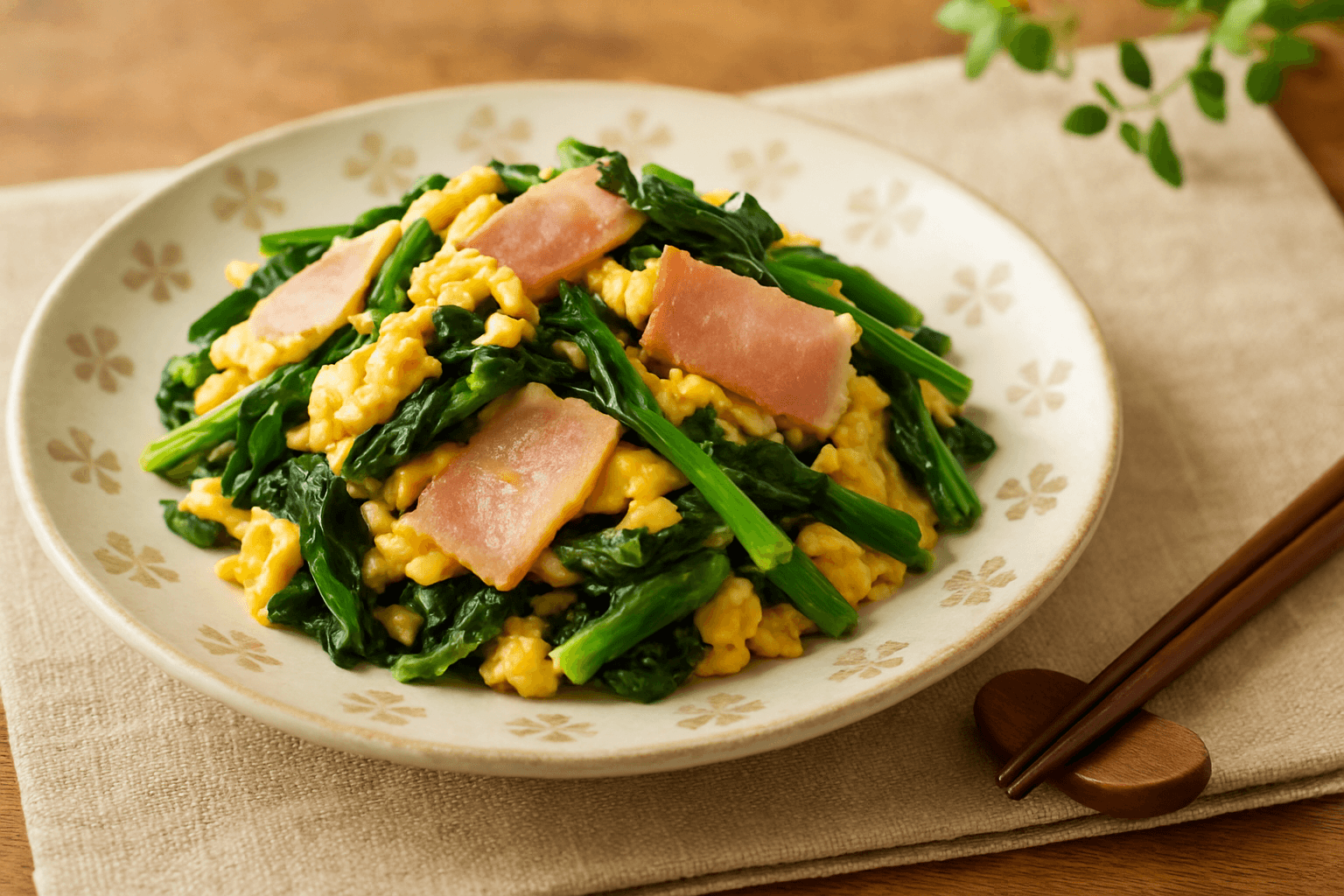Spinach and Bacon Egg Mayonnaise Stir-Fry finished dish