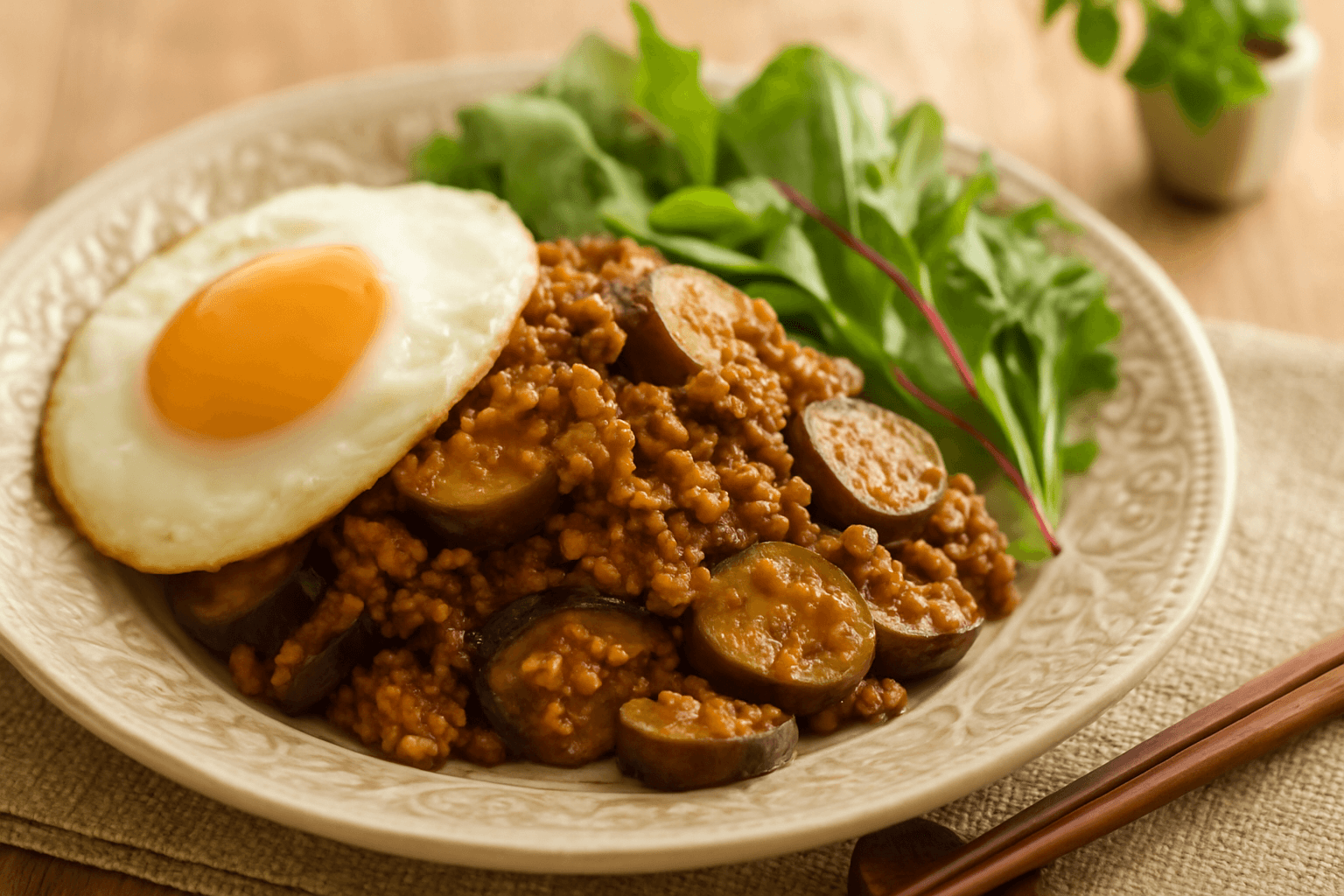 なすと挽き肉の和風ボロネーゼの完成写真