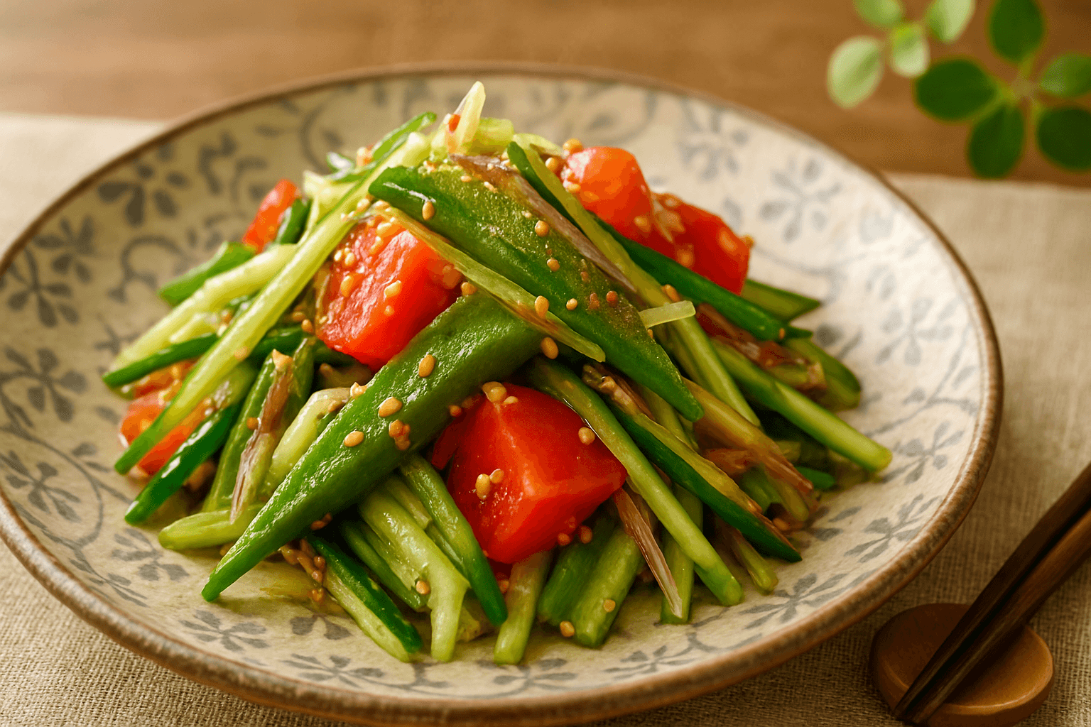 きゅうりトマトオクラ茗荷のごま油和えの完成写真